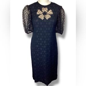 Vintage 60s Black Dress Polka Dots Flower Accent Sequins Sheer Sleeves Richilene